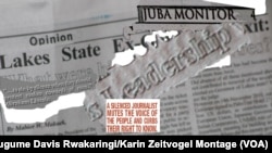 A montage of an issue of the Juba Monitor newspaper that was seized last year for criticizing an official, with an an excerpt from the UN Plan for the Safety of Journalists. Four print runs of the Juba Monitor have been seized since South Sudan erupted in violence in December.