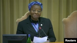 Sister Veronica Openibo speaks during the third day of the four-day meeting on the global sexual abuse crisis, at the Vatican, February 23, 2019, in this screen grab taken from video.
