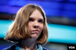 Erin Howard, 12, from Huntsville, Ala., reacts as she is given her word during the finals of the 90th Scripps National Spelling Bee, in Oxon Hill, Md., Thursday, June 1, 2017. (AP Photo/Manuel Balce Ceneta)