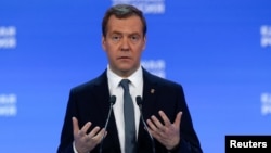 Russian Prime Minister Dmitry Medvedev speaks at the United Russia party congress in Moscow, Jan. 22, 2017.