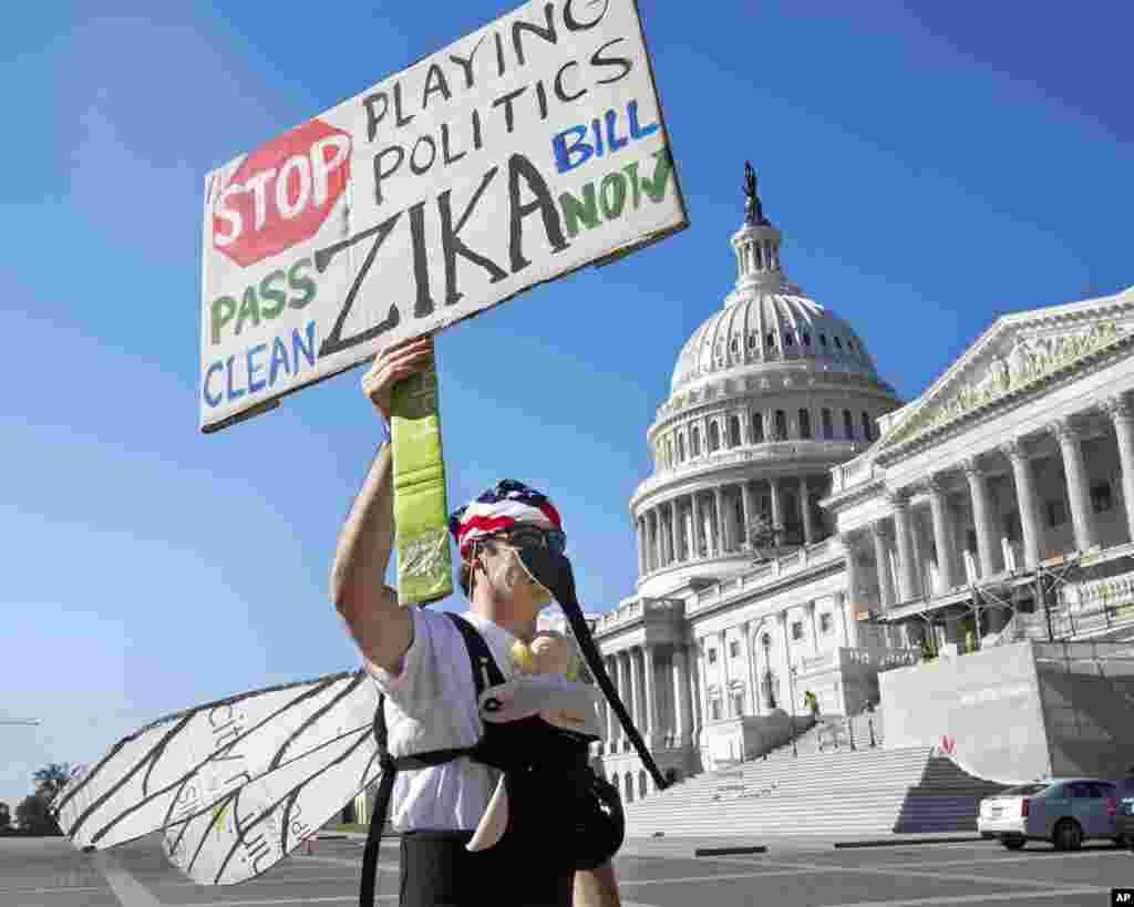 Wearing a homemade mosquito costume, an expectant father from Washington who asked not to be named, protests on Capitol Hill in Washington, the lack of Congressional approval to fund a federal response to the Zika virus, Sept. 14, 2016.