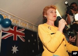 FILE - Australian Senator Pauline Hanson.