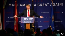 Republican presidential candidate, businessman Donald Trump speaks at a rally aboard the aircraft carrier USS Yorktown in Mt. Pleasant, S.C., Dec. 7, 2015. He defended his plan to stop Muslims from entering the country, Dec. 8, 2015.