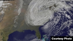 Hurricane Sandy, a late-season post-tropical cyclone, swept through the Caribbean and up the East Coast of the United States in late October 2012. The storm left dozens dead, thousands homeless and millions without power. Total damage is expected to be in the billions of dollars. (NOAA/NASA GOES Project)