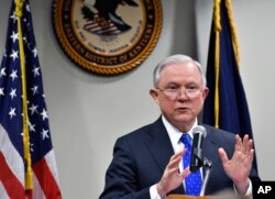 Attorney General Jeff Sessions, speaks to a gathering of law enforcement officials at the United States Attorney's offices, March 15, 2018, in Lexington, Kentucky.