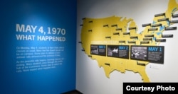 Display of the Kent State shooting event that killed four students in the protests against Vietnam War, on May 4th, 1970, at the May 4 Visitors Center, Kent State University. (Courtesy Photo of Kent State University)