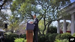 President Barack Obama urges Congress to eliminate tax breaks for oil and gas companies, in the Rose Garden of the White House in Washington, March 29, 2012.
