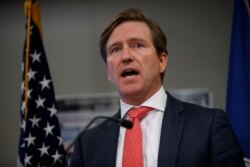 FILE - Christopher Krebs, undersecretary of the Department of Homeland Security's National Protection and Programs Directorate, speaks during a news conference on election cybersecurity, Oct. 19, 2018, in Arlington, Va.