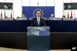Polish Prime minister Mateusz Morawiecki delivers his speech during a debate the future of Europe at the European Parliament in Strasbourg, eastern France, July 4, 2018.