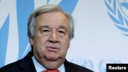 FILE - United Nations Secretary-General Antonio Guterres give a statement after delivering a speech.