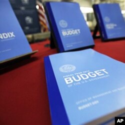The newly published 2012 budget documents on display at the U.S. Government Printing Office at Washington, February 10, 2011
