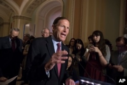 Sen. Richard Blumenthal, D-Conn., and other Democrats respond to questions from reporters about President Donald Trump reportedly sharing classified information with two Russian diplomats during a meeting in the Oval Office, May 16, 2017, on Capitol Hill.