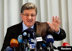 Salim al-Muslat, spokesman for the High Negotiations Committee (HNC), the main Syrian opposition group at the Geneva peace talks, attends a news conference in Geneva, Switzerland, Jan. 31, 2016.