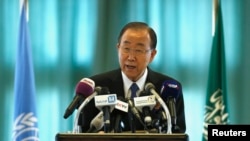 United Nations Secretary-general Ban Ki-moon speaks at a news conference in Riyadh, Feb. 8, 2015.