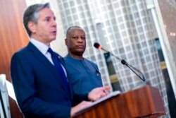 Secretary of State Antony Blinken, accompanied by Nigerian Foreign Minister Geoffrey Onyeama, right, speaks at a news conference at the Aso Rock Presidential Villa in Abuja, Nigeria, Nov. 18, 2021.