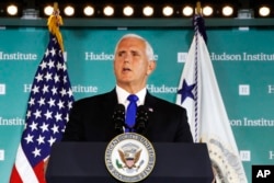FILE - Vice President Mike Pence speaks at the Hudson Institute in Washington, Oct. 4, 2018.