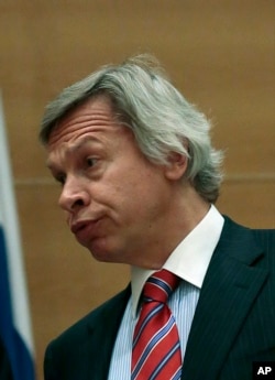 FILE - Senior Russian lawmaker Alexey Pushkov, seen speaking in parliament in May 2013, sees Brexit as reflecting a "crisis in the EU governance model" and calls it a "personal failure" for President Barack Obama.