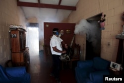 A health worker fumigates the Altos del Cerro neighbourhood as part of preventive measures against the Zika virus and other mosquito-borne diseases in Soyapango, El Salvador, Jan. 21, 2016.
