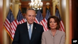 Lider demokrata u Senatu Čak Šumer i predsednica Predstavničkog doma Nensi Pelosi obraćaju se Amerikancima sa Kapitol Hila posle govora predsednika Trampa, 8. januara 2019.