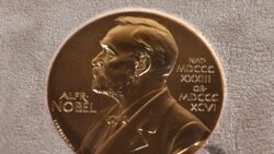 FILE - A Tuesday, Dec. 8, 2020 file photo of a Nobel medal displayed during a ceremony in New York.
