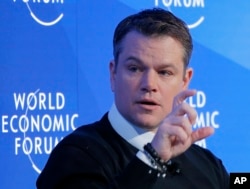 FILE - U.S. actor Matt Damon gestures as he speaks at the World Economic Forum in Davos, Switzerland, Jan. 17, 2017.