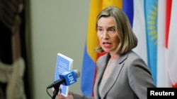FILE - European Union foreign affairs chief Federica Mogherini speaks after a meeting of the parties to the Iran nuclear deal during the 72nd U.N. General Assembly at U.N. headquarters in New York, Sept. 20, 2017.