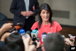 U.S. Ambassador to the United Nations Nikki Haley speaks to reporters after a Security Council vote on a new sanctions resolution that would increase economic pressure on North Korea to return to negotiations on its missile program, Aug. 5, 2017.