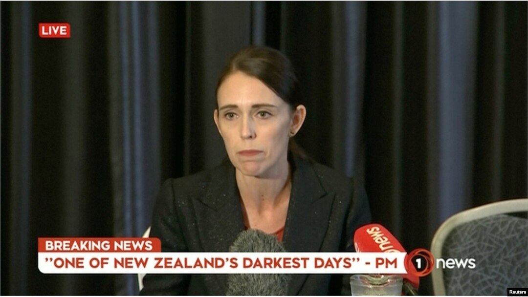 New Zealand's Prime Minister Jacinda Ardern speaks on live television following fatal shootings at two mosques in central Christchurch, New Zealand, March 15, 2019.