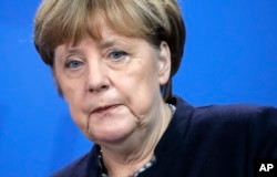 German Chancellor Angela Merkel attends a joint news conference as part of a meeting with the Prime Minister of New Zealand Bill English, at the chancellery in Berlin, Germany, Jan. 16, 2017.