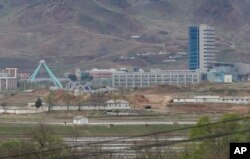 The Kaesong industrial complex in North Korea is seen from inside the demilitarized zone during a press tour in Paju, South Korea, April 24, 2018.