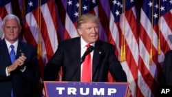 President-elect Donald Trump gives his acceptance speech during his election night rally, Nov. 9, 2016, in New York.