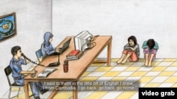 Prum Vannak's drawing shows him at a Malaysian police station. (Courtesy of Seven Stories)