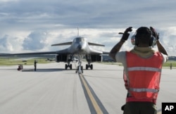 A B-1B Lancer arrives at Andersen Air Force Base, Guam, July 26, 2017, in this photo provided by the U.S.Air Force.