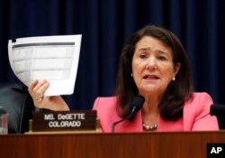 FILE - Rep. Diana DeGette D-Colo., asks a question during a hearing of the Committee on Energy and Commerce, Subcommittee on Oversight and Investigations, on Capitol Hill, May 8, 2018.
