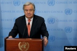 FILE - U.N. Secretary-General Antonio Guterres speaks in New York, Dec. 6, 2017.