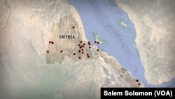 A map of Eritrea, with sites of possible detention centers plotted, based on data from Amnesty International. The exact numbers of facilities and prisoners detained are unknown.