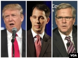 FILE - From left, 2016 Republican presidential candidates Donald Trump, Wisconsin Governor Scott Walker and former Florida Governor Jeb Bush.