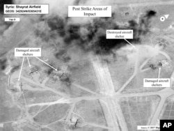 This satellite image released by the U.S. Department of Defense shows a damage assessment image of Shayrat air base in Syria, following U.S. Tomahawk missile strikes on Friday, April 7, 2017.