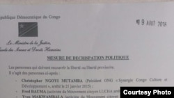 Communiqué du ministre congolais de la Justice, Alexis Thambwe, sur les personnes libérées et celles qui restent en prison (DR)