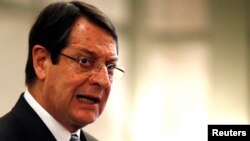 Cyprus President Nicos Anastasiades addresses a conference of civil servants in Nicosia, March 29, 2013.