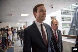 White House senior adviser Jared Kushner arrives on Capitol Hill in Washington, July 24, 2017, to meet behind closed doors before the Senate Intelligence Committee.