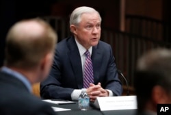 FILE - Attorney General Jeff Sessions speaks before a meeting at the Department of Justice in Washington, April 18, 2017.