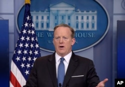 White House press secretary Sean Spicer addresses reporters during the daily briefing at the White House in Washington, April 3, 2017.