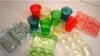Cups and egg containers made of shrimp shell derived plastic are seen In this photo provided by the Wyss Institute.