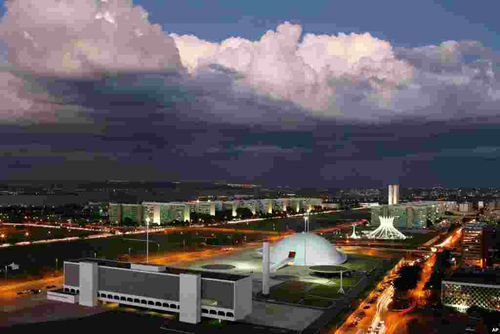 FILE - This April 17, 2007 file photo shows the government Esplanade of Ministries in Brasilia along the boulevard that features some of Brazilian architect Oscar Niemeyer&#39;s most famous works. 