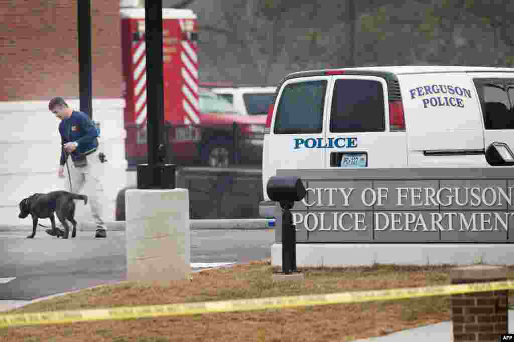 A K-9 unit patrols outside the Ferguson, Mo., police station after two officers were shot and wounded during Wednesday night's protest.