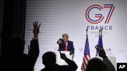 Presiden Donald Trump ketika konferensi pers pada hari ketiga dan terakhir KTT G-7 di Biarritz, Prancis Senin, 26 Agustus 2019. (Foto: AP/Markus Schreiber)
