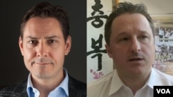 被中国拘押的加拿大公民康明凯(Michael Kovrig，左 ) 和迈克尔·斯帕弗(Michael Spavor) 