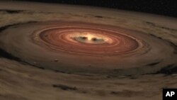 This artist's concept shows a brown dwarf surrounded by a swirling disk of planet-building dust. NASA's Spitzer Space Telescope spotted such a disk around a surprisingly low-mass brown dwarf, or "failed star." Astronomers believe that this unusual system