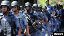 Riot police patrol the campus ahead of student protests demanding free education at Johannesburg's University of the Witwatersrand, South Africa, October 11,2016.